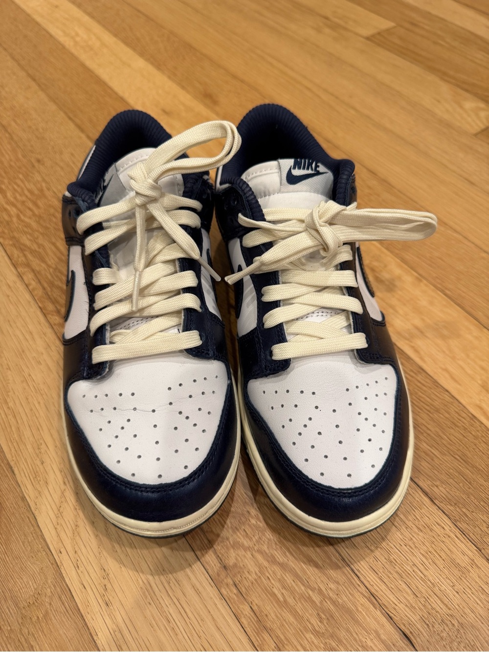 Nike DUNK Low Vintage Women’s Sneakers in White and Navy with Cream Laces